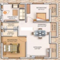 Floor plan of 2 BHK 1105 Sq. Ft. Apartment in Siddhisri SS Samhita, Bangalore