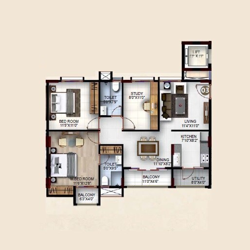 Floor plan of 2 BHK 1288 Sq. Ft. Apartment in Sidvin Grace Apartment, Bangalore