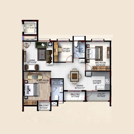 Floor plan of 2 BHK 998 Sq. Ft. Apartment in Sidvin Grace Apartment, Bangalore