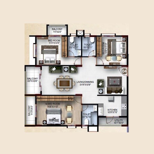 Floor plan of 3 BHK 1367 Sq. Ft. Apartment in Sidvin Grace Apartment, Bangalore