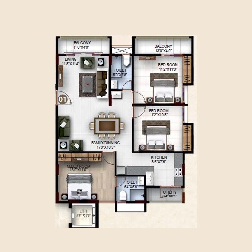 Floor plan of 3 BHK 1638 Sq. Ft. Apartment in Sidvin Grace Apartment, Bangalore