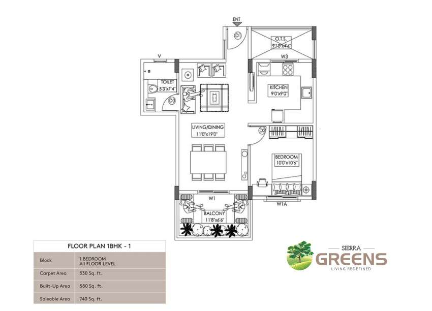1 BHK 740 Sq. Ft. Apartment in Sierra Greens