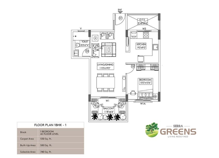Floor plan of 1 BHK 740 Sq. Ft. Apartment in Sierra Greens, Bangalore