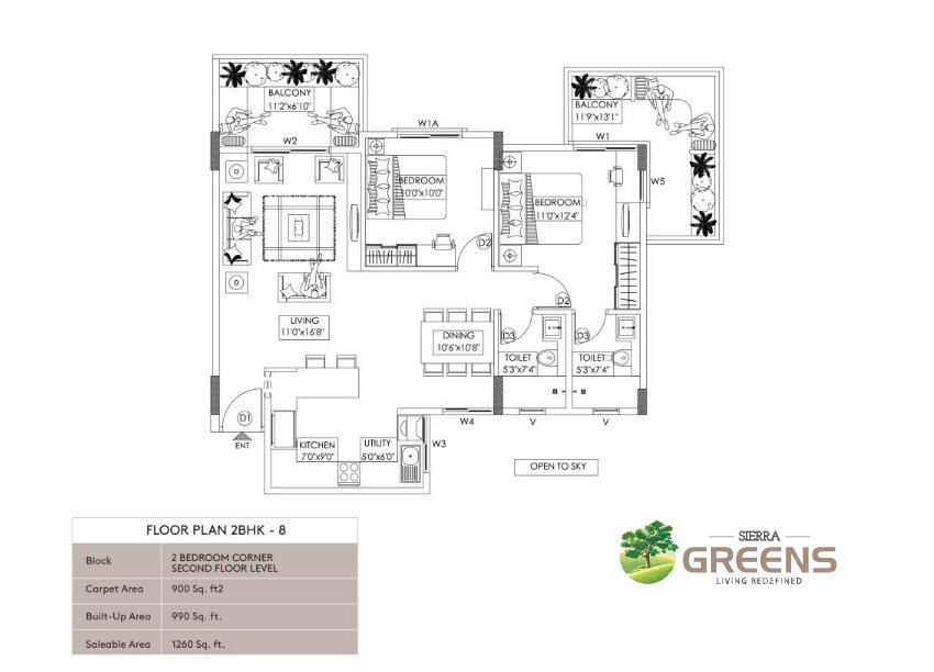 Floor plan of 2 BHK 1260 Sq. Ft. Apartment in Sierra Greens, Bangalore