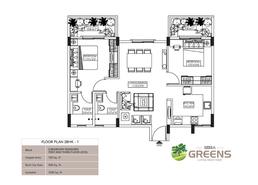 Floor plan of 2 BHK 1020 Sq. Ft. Apartment in Sierra Greens, Bangalore