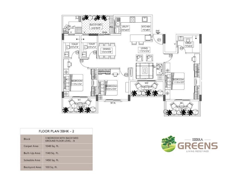 Floor plan of 3 BHK 1450 Sq. Ft. Apartment in Sierra Greens, Bangalore