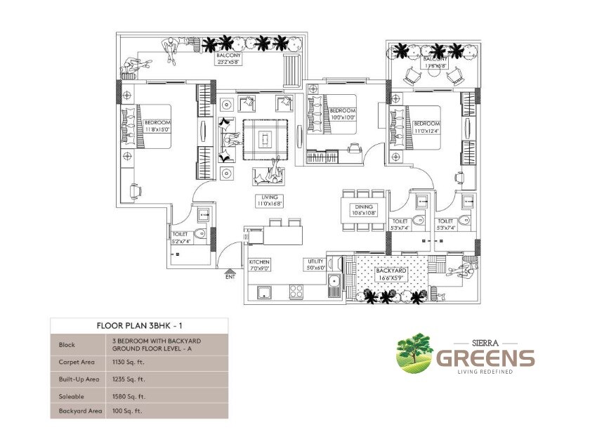 Floor plan of 3 BHK 1580 Sq. Ft. Apartment in Sierra Greens, Bangalore