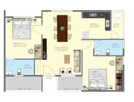 Floor plan of 2 BHK 865 Sq. Ft. Apartment in Sigma Serenity, Bangalore