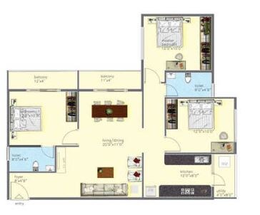 Floor plan of 3 BHK 1375 Sq. Ft. Apartment in Sigma Serenity, Bangalore