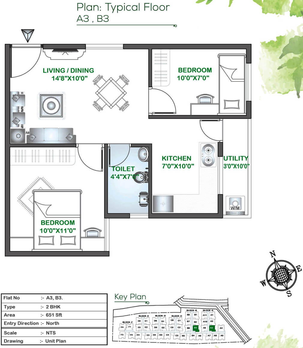 Floor plan of 2 BHK 651 Sq. Ft. Apartment in Signature Classic, Bangalore