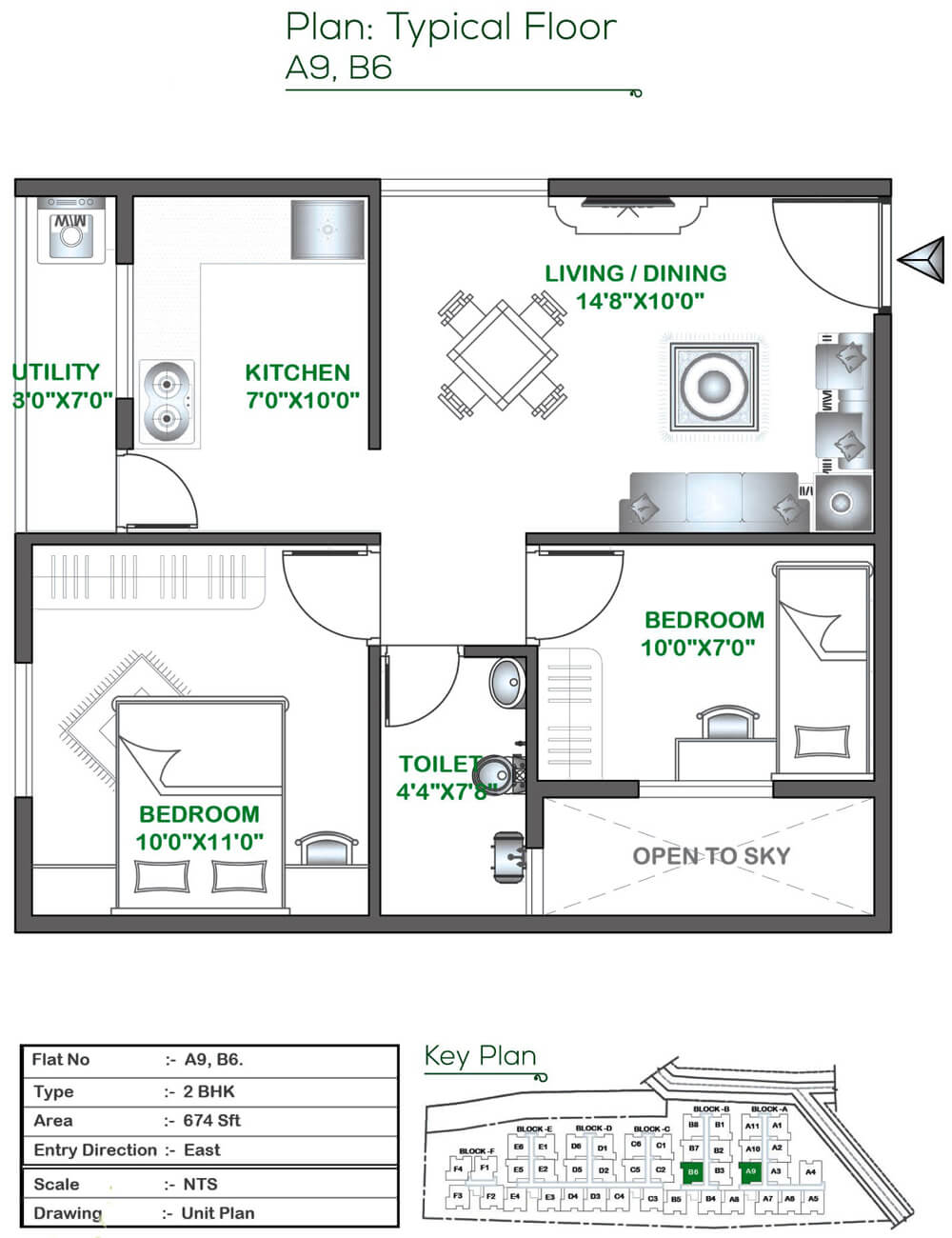 Floor plan of 2 BHK 674 Sq. Ft. Apartment in Signature Classic, Bangalore
