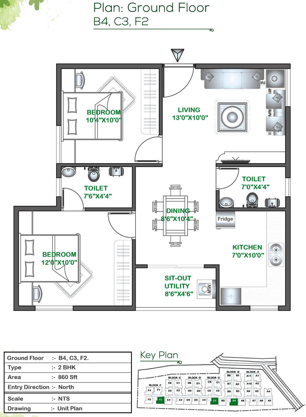 Floor plan of 2 BHK 860 Sq. Ft. Apartment in Signature Classic, Bangalore