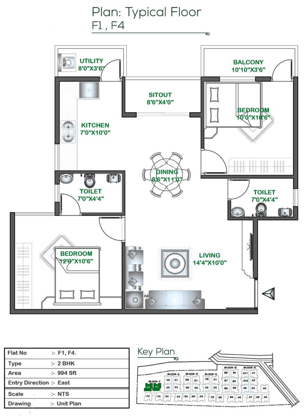 Floor plan of 2 BHK 994 Sq. Ft. Apartment in Signature Classic, Bangalore