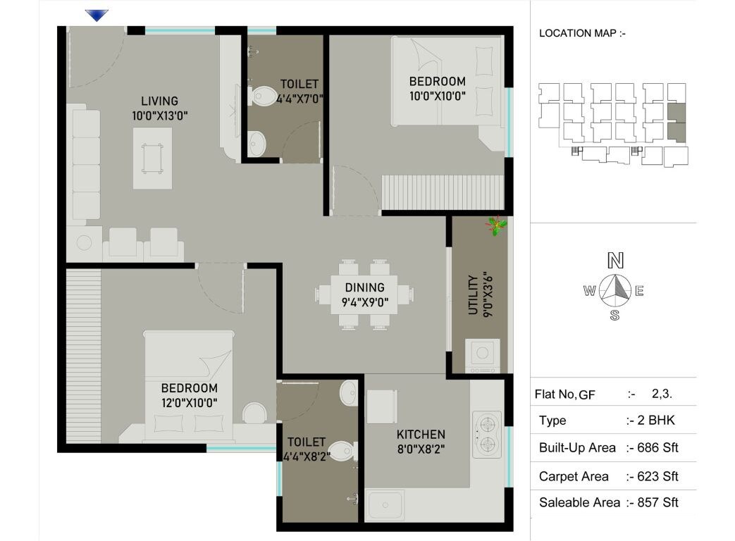 Floor plan of 2 BHK 857 Sq. Ft. Apartment in Signature Classic Phase 2, Bangalore