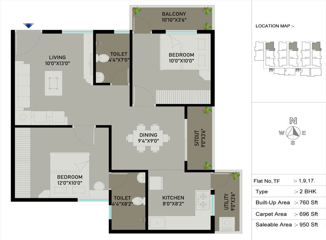 Floor plan of 2 BHK 950 Sq. Ft. Apartment in Signature Classic Phase 2, Bangalore