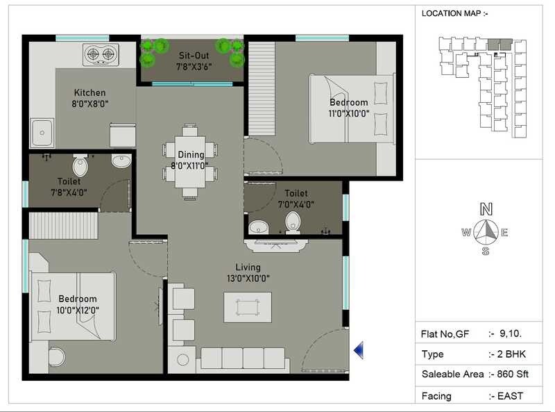 Floor plan of 2 BHK 860 Sq. Ft. Apartment in Signature Crest, Bangalore