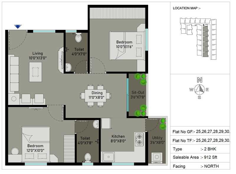 Floor plan of 2 BHK 912 Sq. Ft. Apartment in Signature Crest, Bangalore