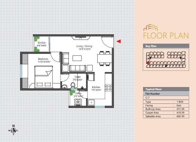 Floor plan of 1 BHK 600 Sq. Ft. Apartment in Signature Meadows Gunjur, Bangalore