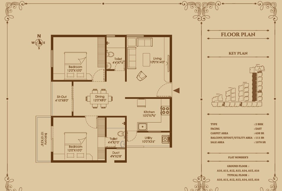 Floor plan of 2 BHK 1070 Sq. Ft. Apartment in Signature Pristine, Bangalore