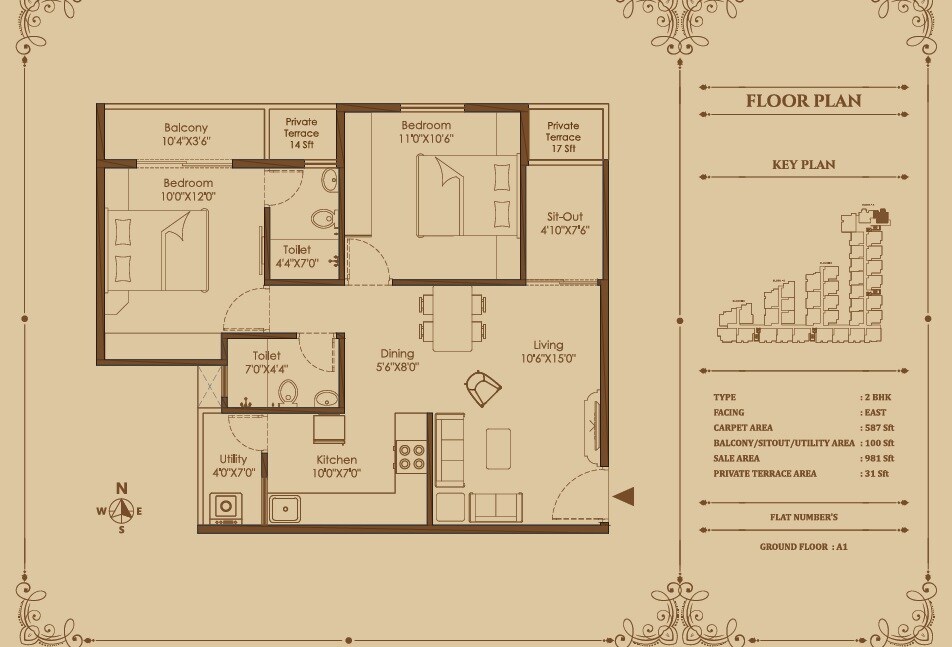 Floor plan of 2 BHK 1020 Sq. Ft. Apartment in Signature Pristine, Bangalore