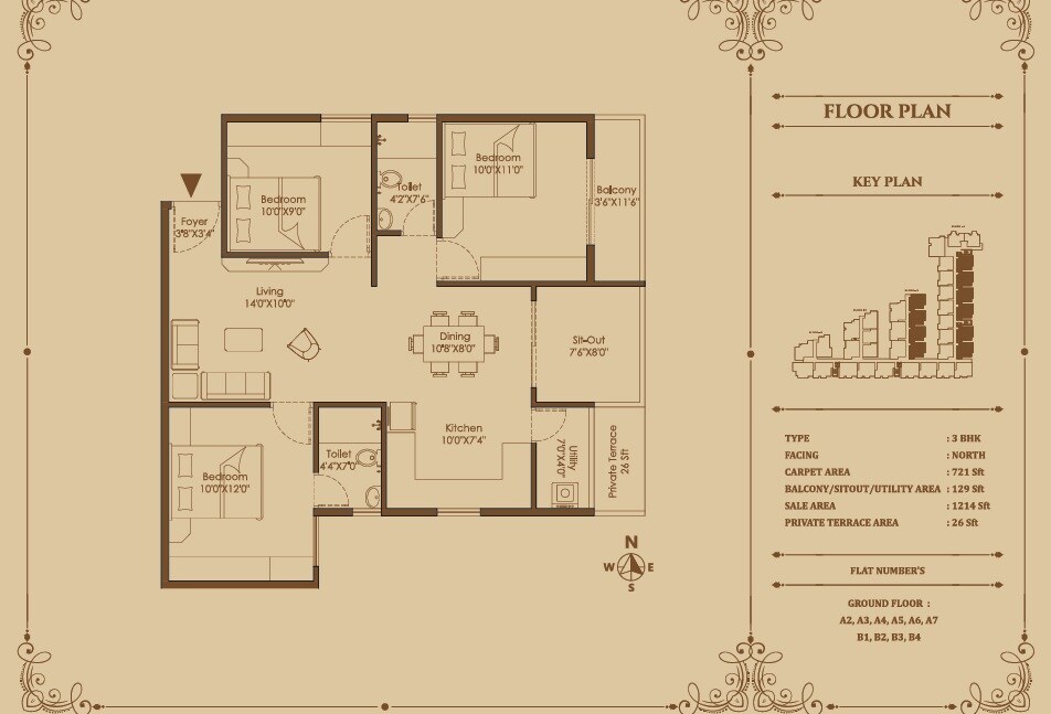 Floor plan of 3 BHK 1214 Sq. Ft. Apartment in Signature Pristine, Bangalore