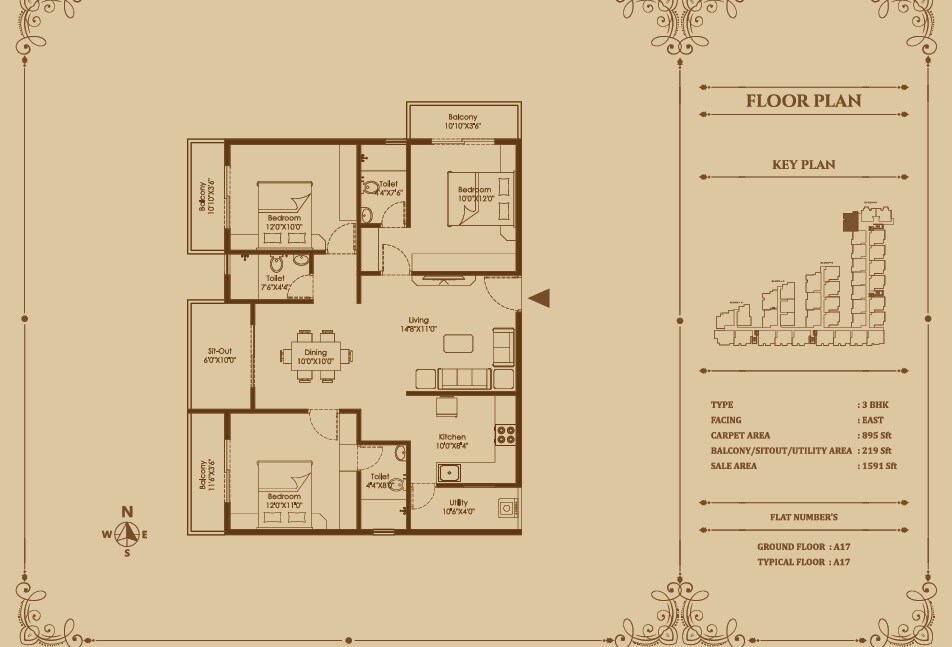 Floor plan of 3 BHK 1401 Sq. Ft. Apartment in Signature Pristine, Bangalore