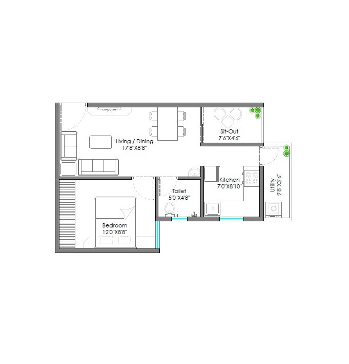 Floor plan of 1 BHK 597 Sq. Ft. Apartment in Signature Splendor, Bangalore