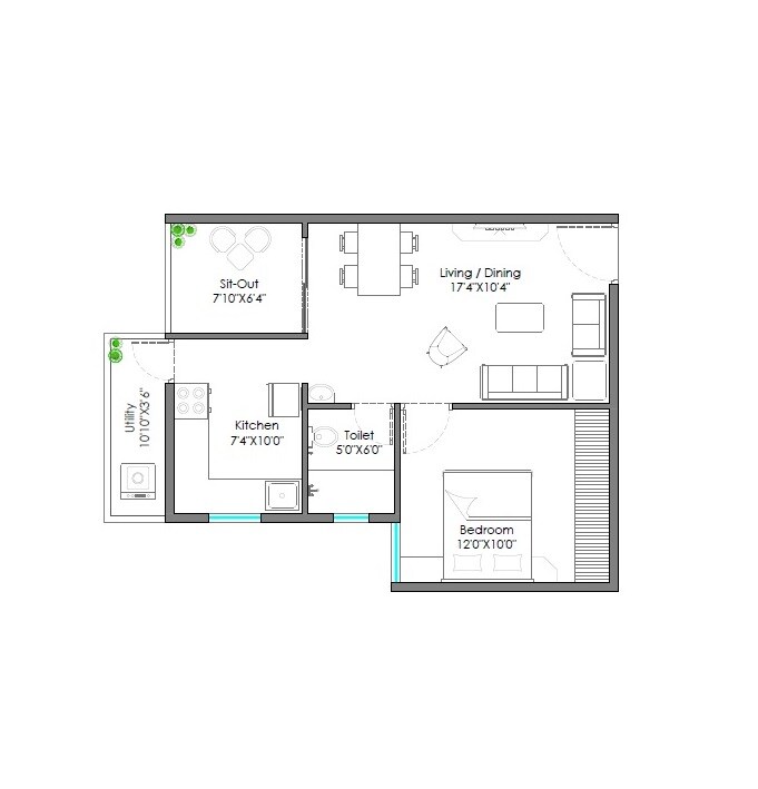 Floor plan of 1 BHK 707 Sq. Ft. Apartment in Signature Splendor, Bangalore