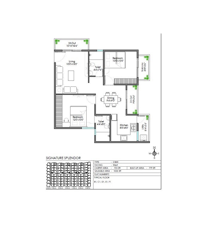 Floor plan of 2 BHK 1035 Sq. Ft. Apartment in Signature Splendor, Bangalore