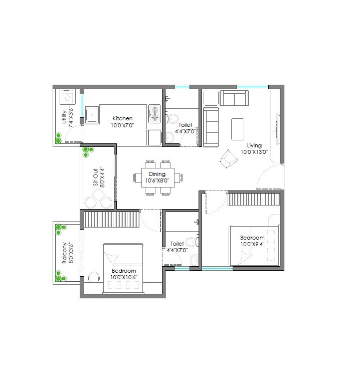 Floor plan of 2 BHK 922 Sq. Ft. Apartment in Signature Splendor, Bangalore