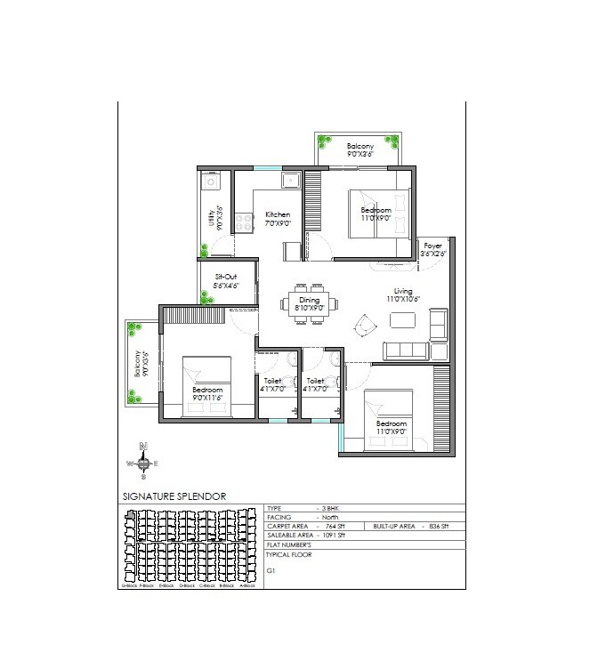 Floor plan of 3 BHK 1091 Sq. Ft. Apartment in Signature Splendor, Bangalore