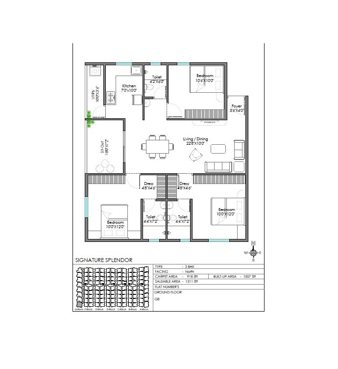 Floor plan of 3 BHK 1311 Sq. Ft. Apartment in Signature Splendor, Bangalore