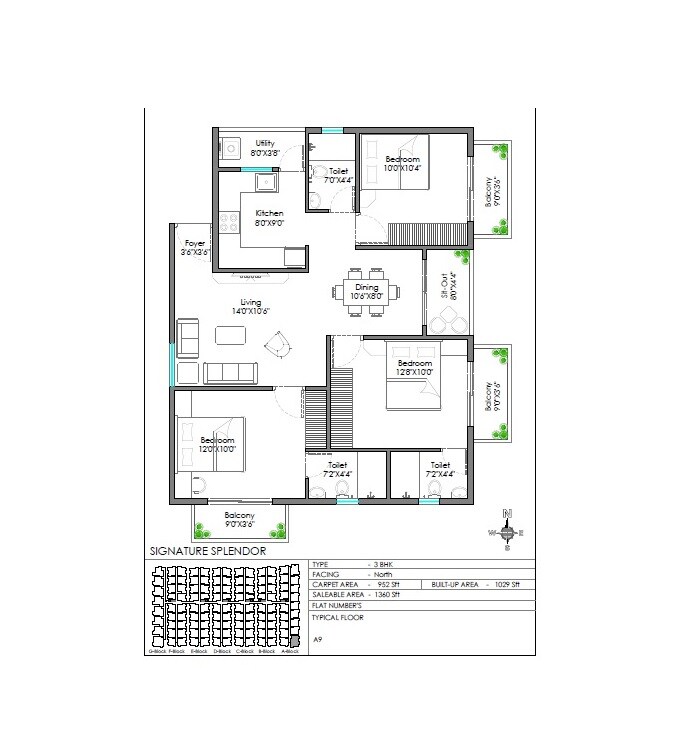 Floor plan of 3 BHK 1360 Sq. Ft. Apartment in Signature Splendor, Bangalore
