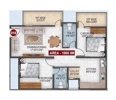 Floor plan of 2 BHK 1065 Sq. Ft. Apartment in Signifa Sapphire, Bangalore