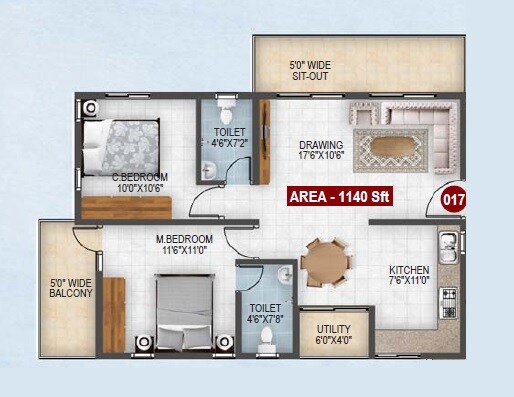 Floor plan of 2 BHK 1140 Sq. Ft. Apartment in Signifa Sapphire, Bangalore