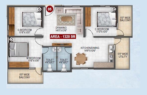 Floor plan of 3 BHK 1320 Sq. Ft. Apartment in Signifa Sapphire, Bangalore