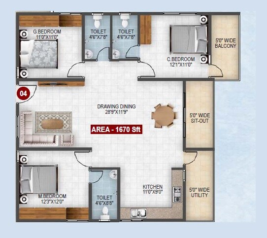 Floor plan of 3 BHK 1670 Sq. Ft. Apartment in Signifa Sapphire, Bangalore