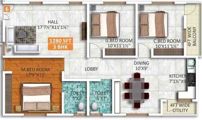 3 BHK 1280 Sq. Ft. Apartment