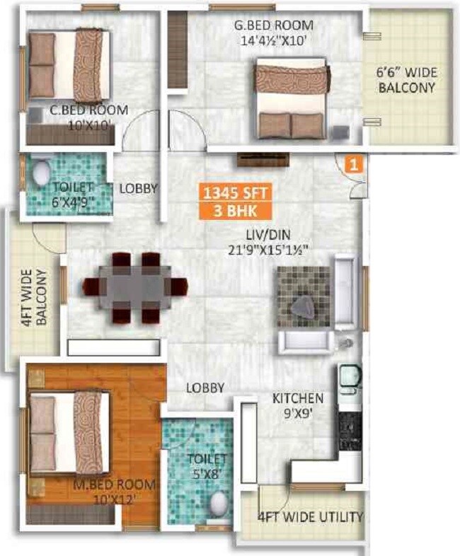 Floor plan of 3 BHK 1345 Sq. Ft. Apartment in Signifa Springs, Bangalore