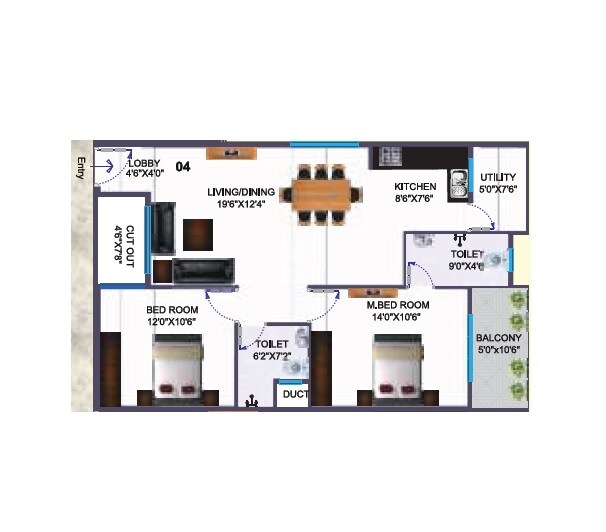 Floor plan of 2 BHK 1055 Sq. Ft. Apartment in Silicon Indraprastha, Bangalore
