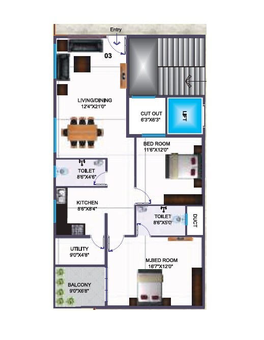 Floor plan of 2 BHK 1270 Sq. Ft. Apartment in Silicon Indraprastha, Bangalore