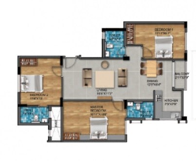 Floor plan of 3 BHK 1039 Sq. Ft. Apartment in Silvertree Boulevard Residences, Bangalore