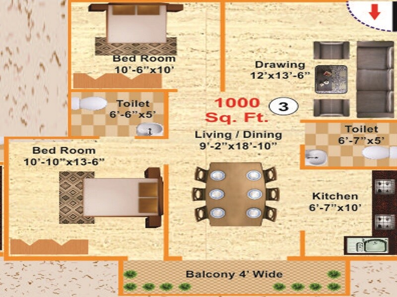 Floor plan of 2 BHK 1000 Sq. Ft. Apartment in Sindura Heights, Bangalore