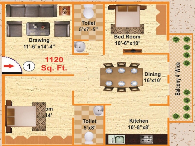 Floor plan of 2 BHK 1120 Sq. Ft. Apartment in Sindura Heights, Bangalore