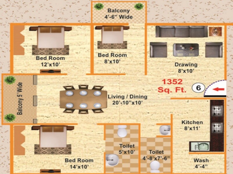 Floor plan of 3 BHK 1352 Sq. Ft. Apartment in Sindura Heights, Bangalore