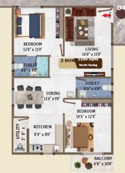 Floor plan of 2 BHK 1100 Sq. Ft. Apartment in Sinovik Nirvana, Bangalore