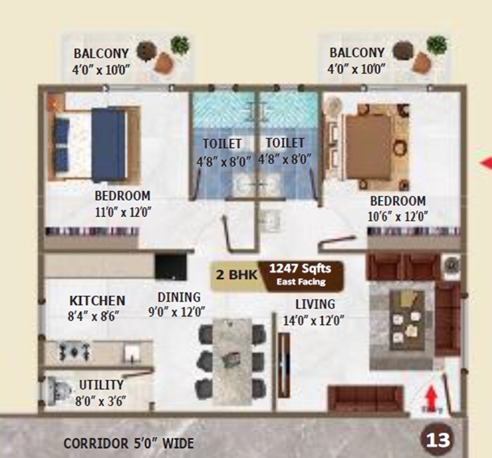 Floor plan of 2 BHK 1247 Sq. Ft. Apartment in Sinovik Nirvana, Bangalore
