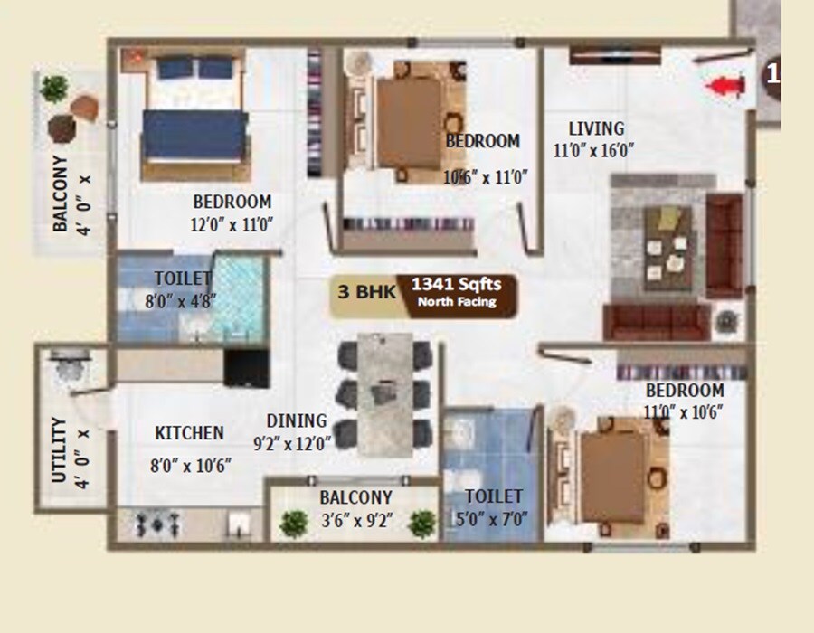 Floor plan of 3 BHK 1341 Sq. Ft. Apartment in Sinovik Nirvana, Bangalore