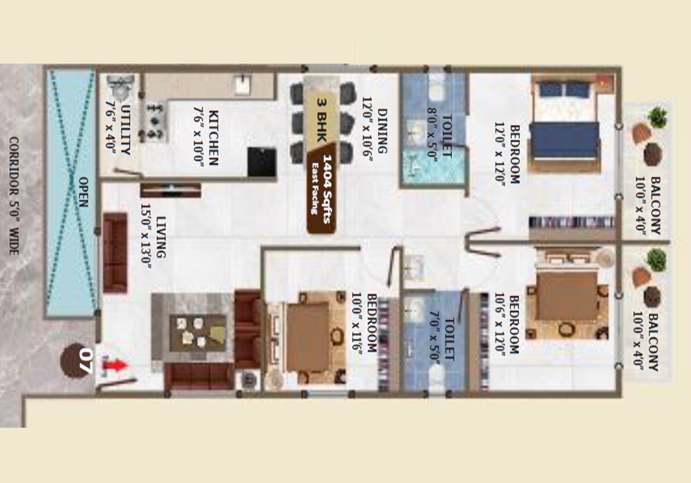 Floor plan of 3 BHK 1404 Sq. Ft. Apartment in Sinovik Nirvana, Bangalore
