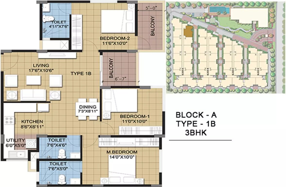 Floor plan of 3 BHK 905 Sq. Ft. Apartment in Sipani Jardin, Bangalore